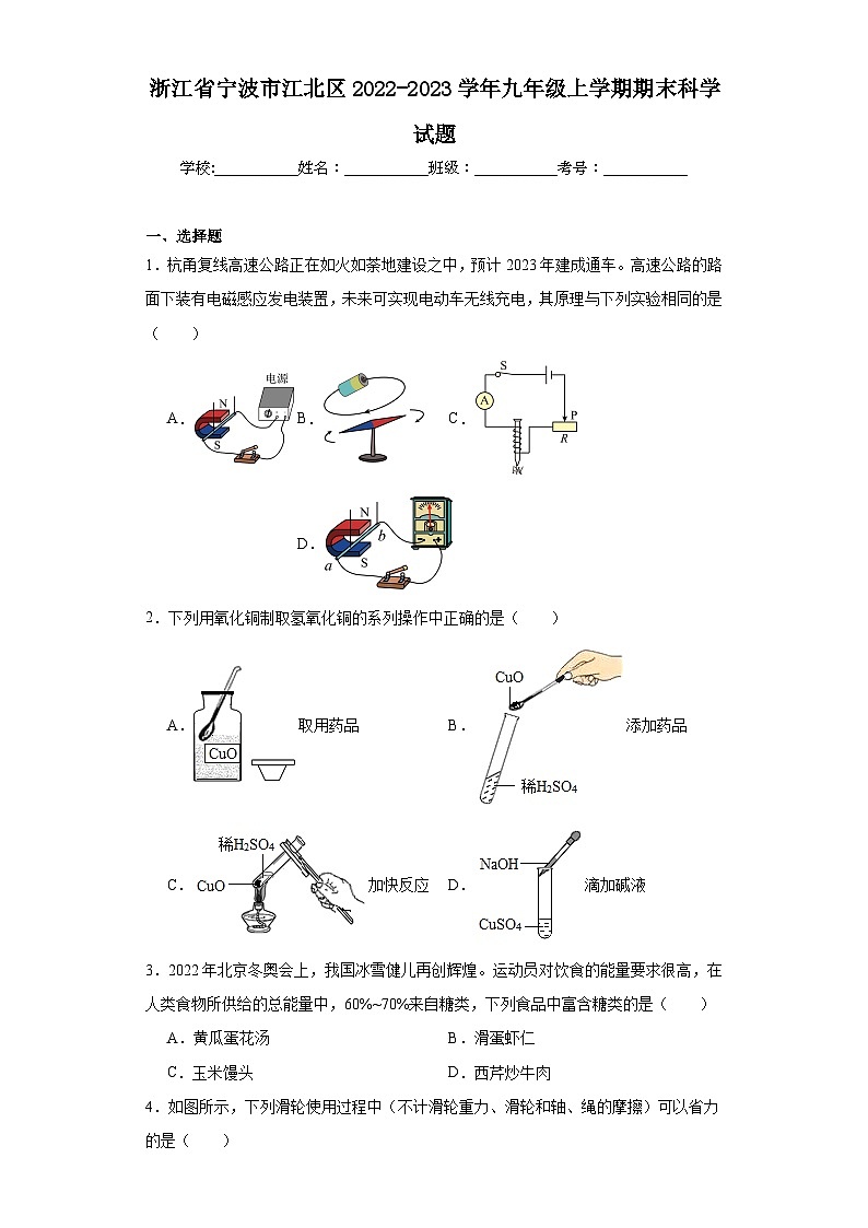 浙江省宁波市江北区2022-2023学年九年级上学期期末科学试题01