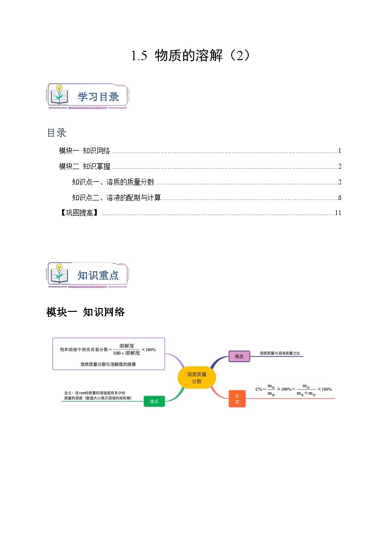 1.5+物质的溶解（2） 八年级科学上册讲练测（浙教版）01