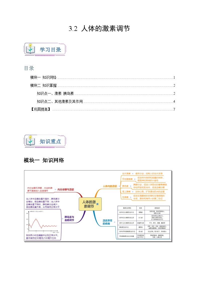 3.2+人体的激素调节 八年级科学上册讲练测（浙教版）01