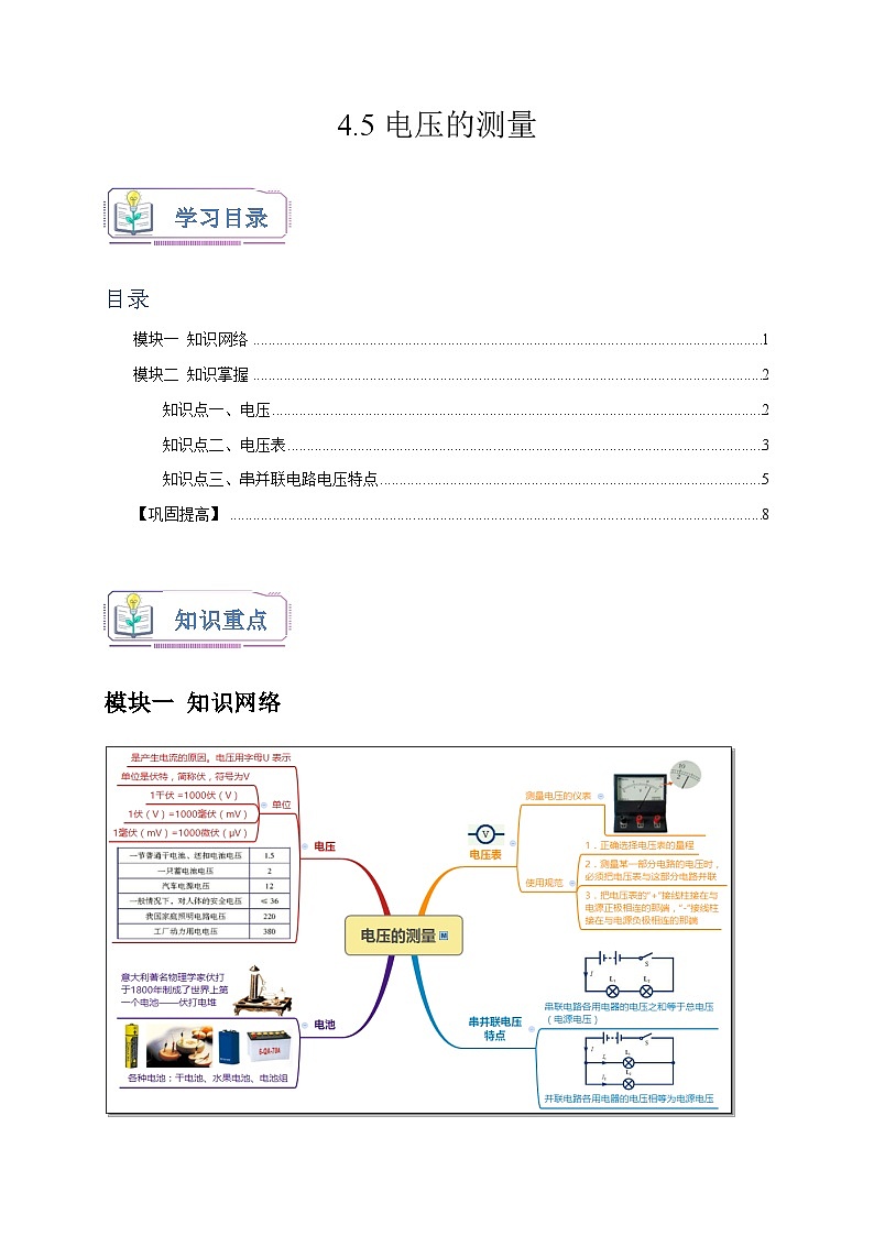 4.5+电压的测量 八年级科学上册讲练测（浙教版）01
