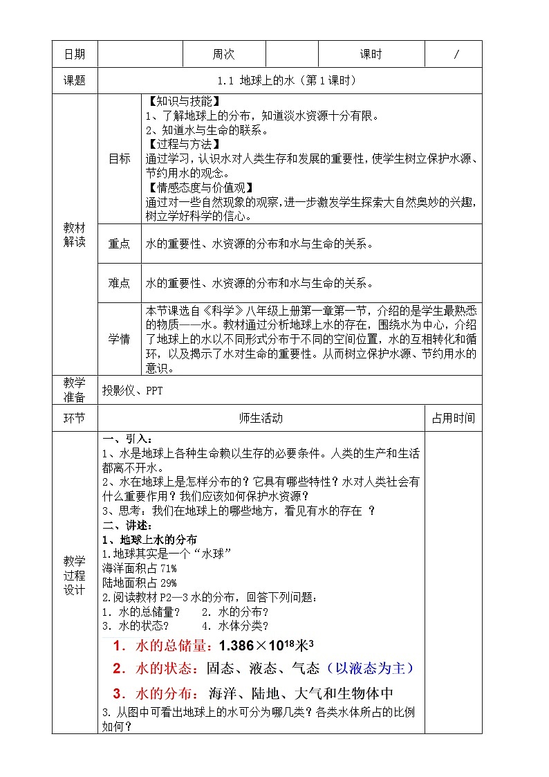 浙教版八年级上册科学教案1.1 地球上的水（第1课时）教案01
