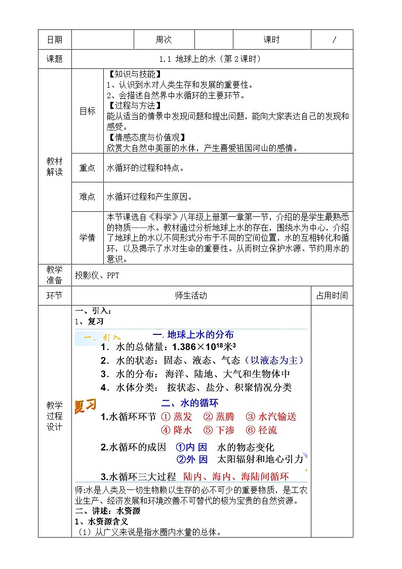 浙教版八年级上册科学教案1.1 地球上的水（第2课时）教案01