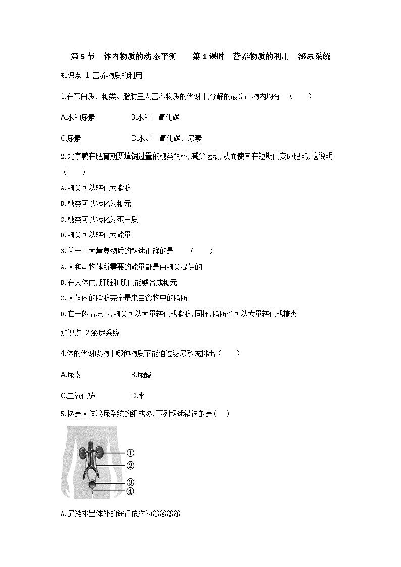 【同步练习】浙教版科学九年级上册：4.5 体内物质的动态平衡 第1课时  同步练习（含答案）01