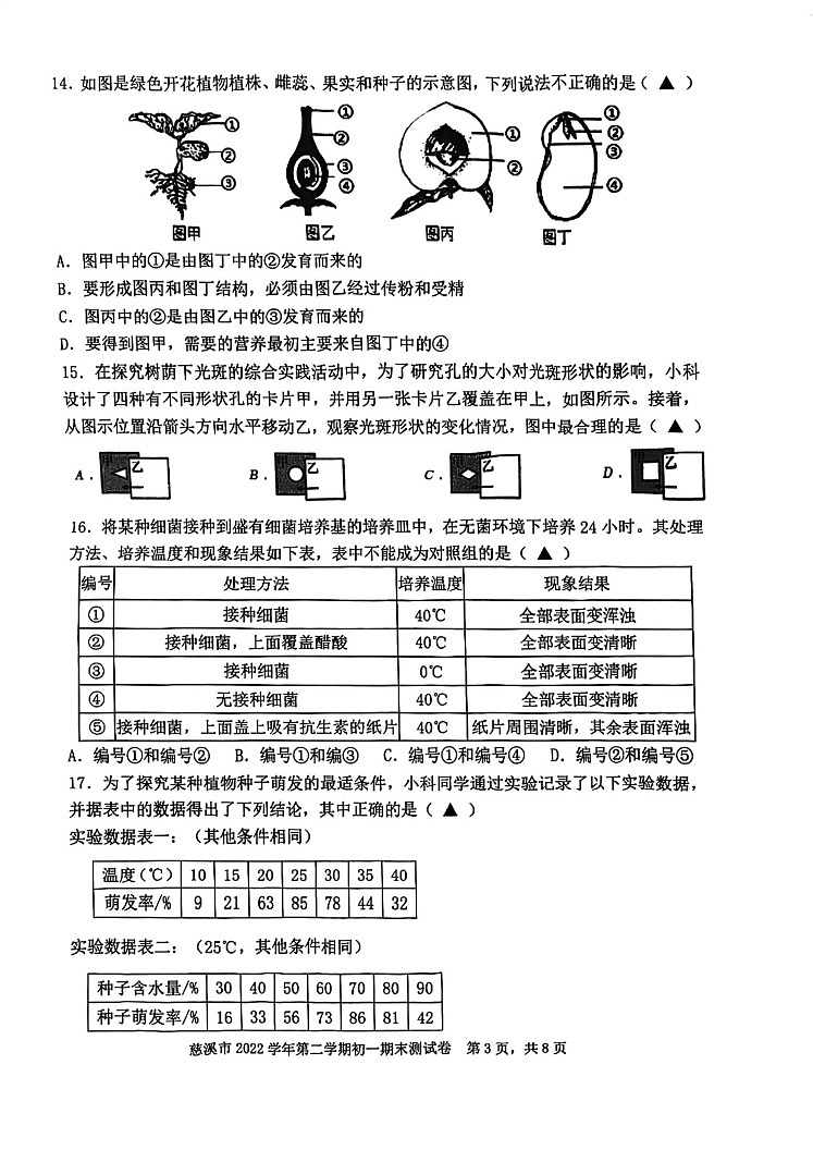 浙江省宁波市慈溪市+2022--2023学年下学期七年级科学期末测试卷03