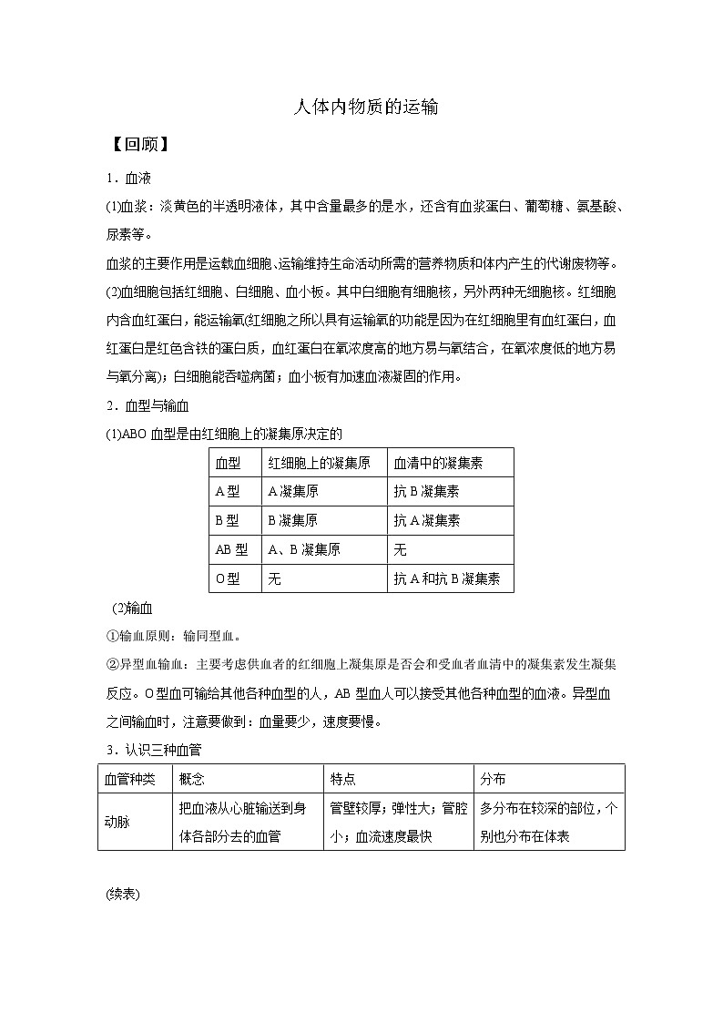 【培优导学案】浙教版科学九年级全册：19、人体内物质的运输 学案（含解析）01