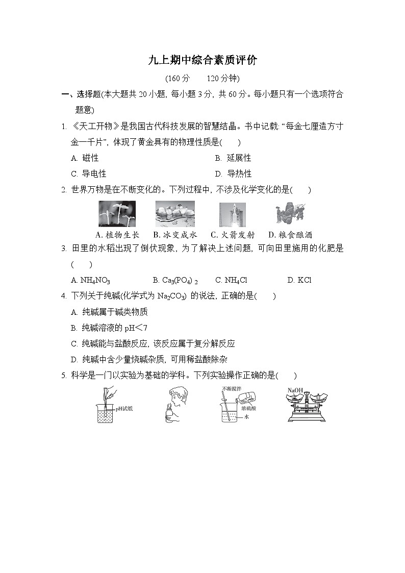 【阶段检测】浙教版科学九年级上册期中 综合素质评价（含解析 1-2章）01