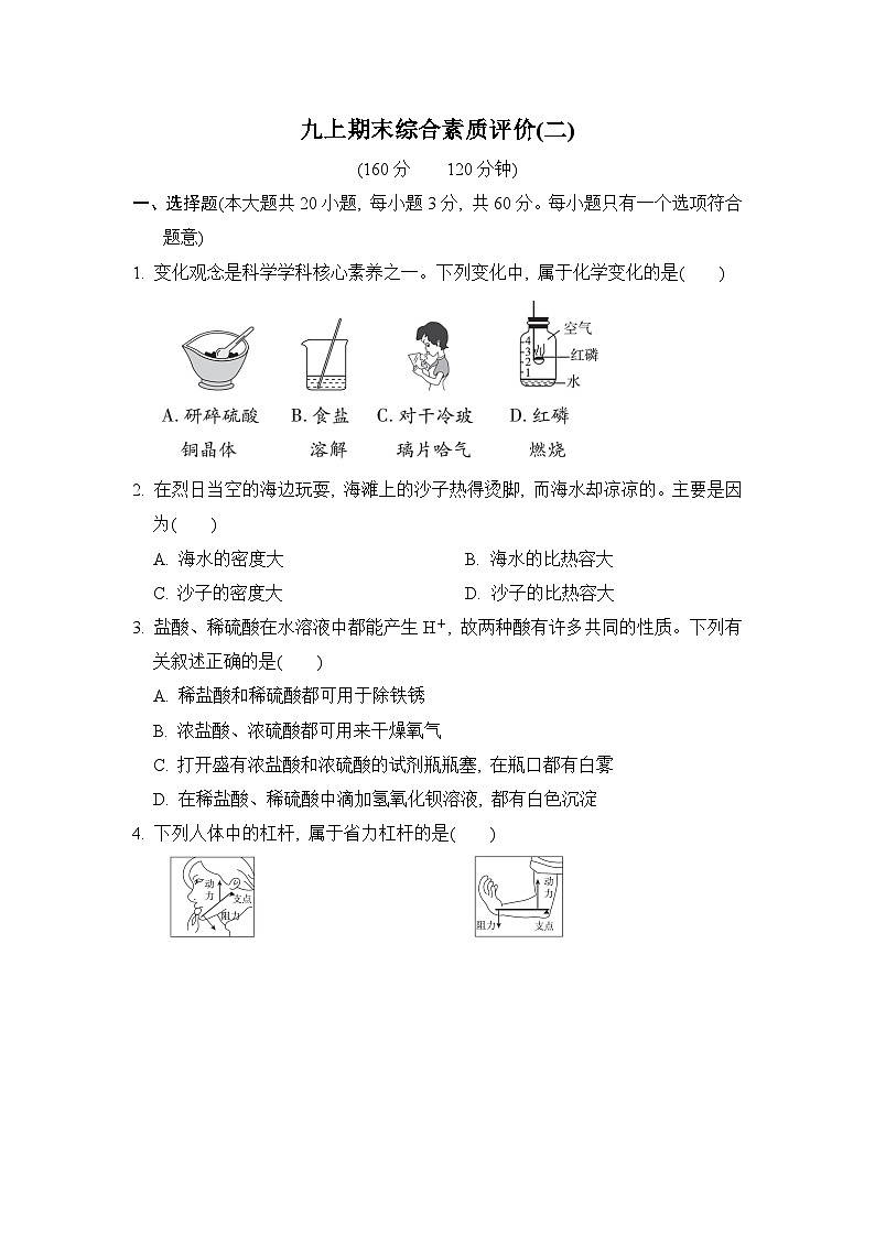 【阶段检测】浙教版科学九年级上册期末 综合素质评价(二)（含解析）01