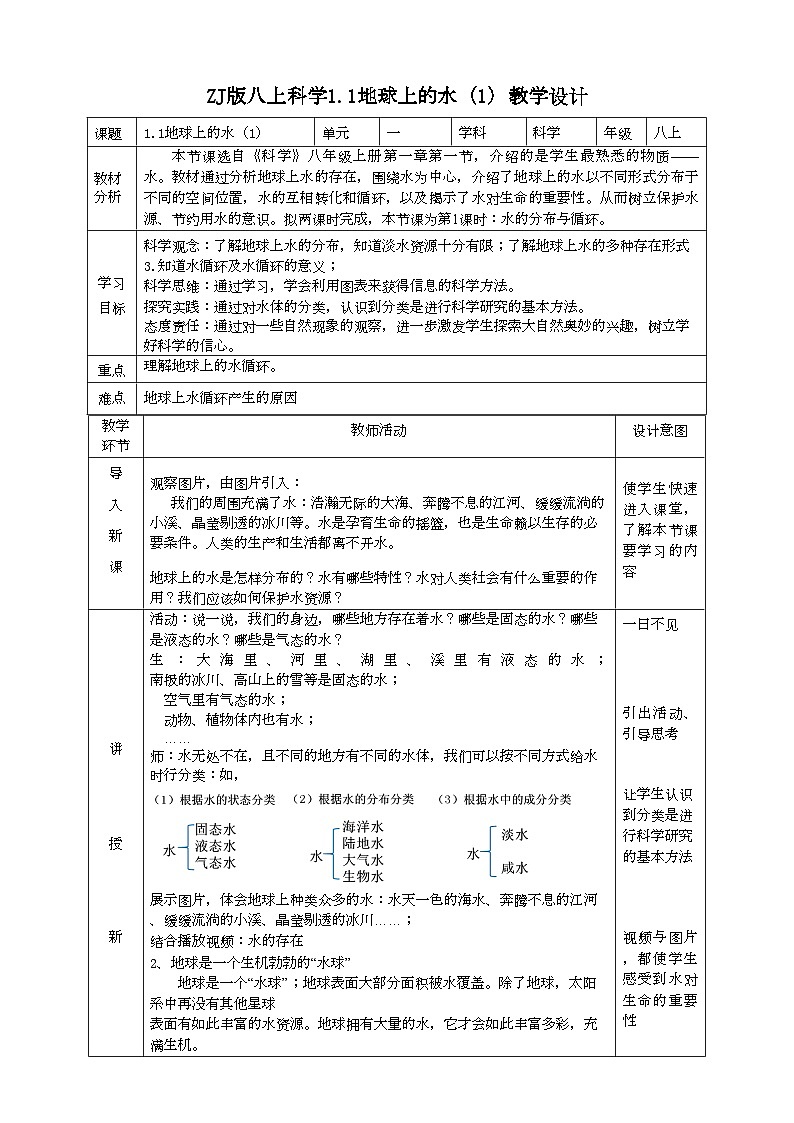2022浙教版八上科学1.1地球上的水 第1课时（课件+教学设计+学案+视频）01