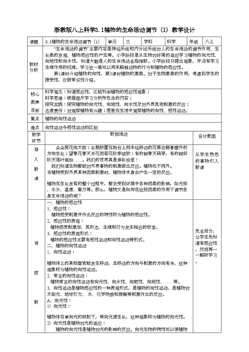 2022浙教版八上科学3.1植物的生命活动调节 第1课时（课件+教学设计+学案+视频）01
