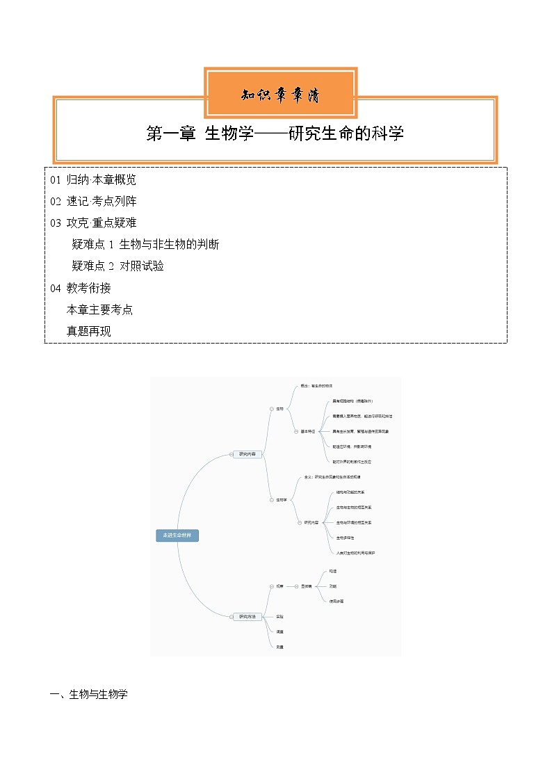 【期中单元知识点归纳】（苏科版）2023-2024学年七年级生物上册 第一章 生物学——研究生命的科学 讲义01