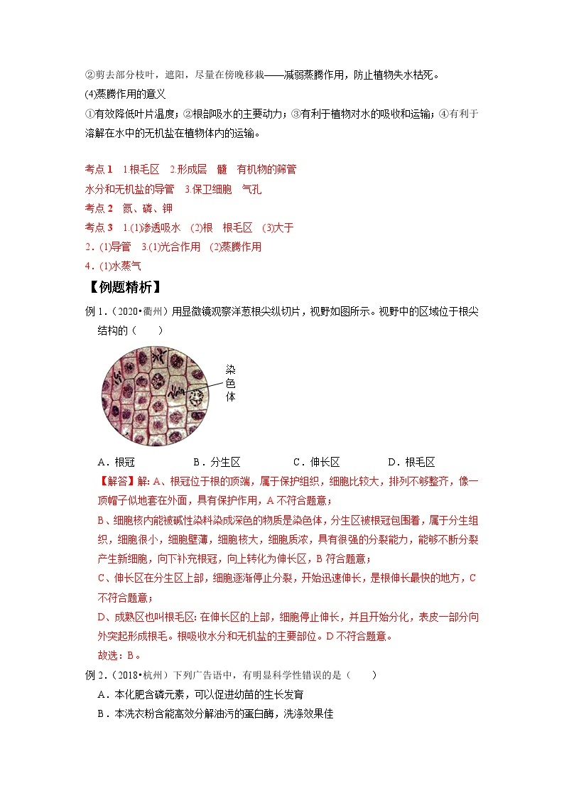 中考科学 二轮专题 专题04 无机盐和水对植物生长的作用 学案03