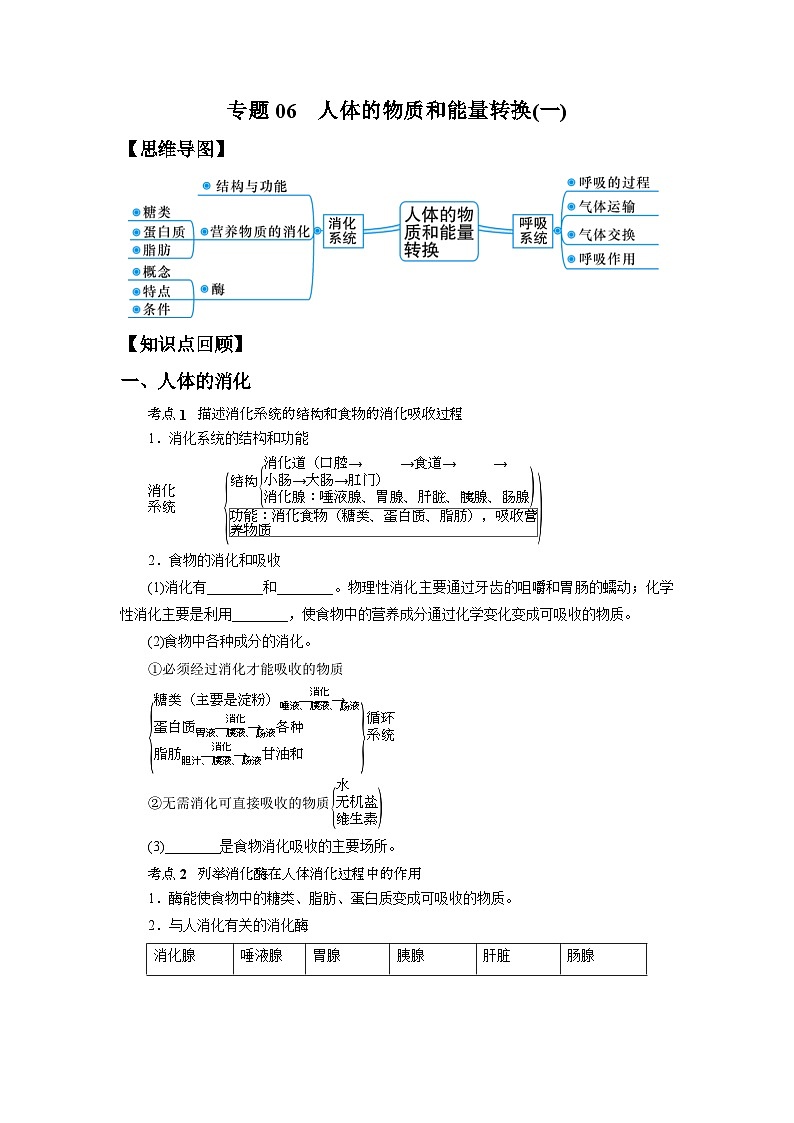 中考科学 二轮专题 专题06 人体的物质和能量转换(一) 学案第1页