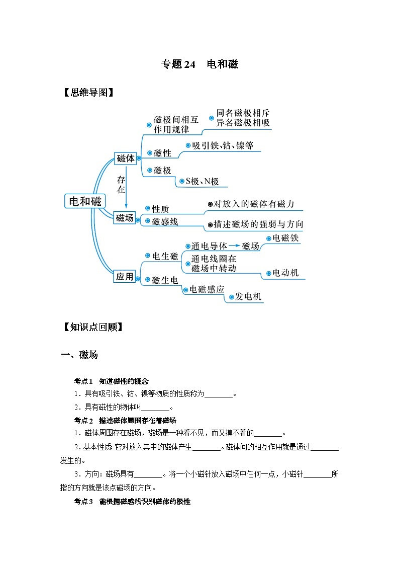 中考科学 二轮专题 专题24 电和磁 学案01