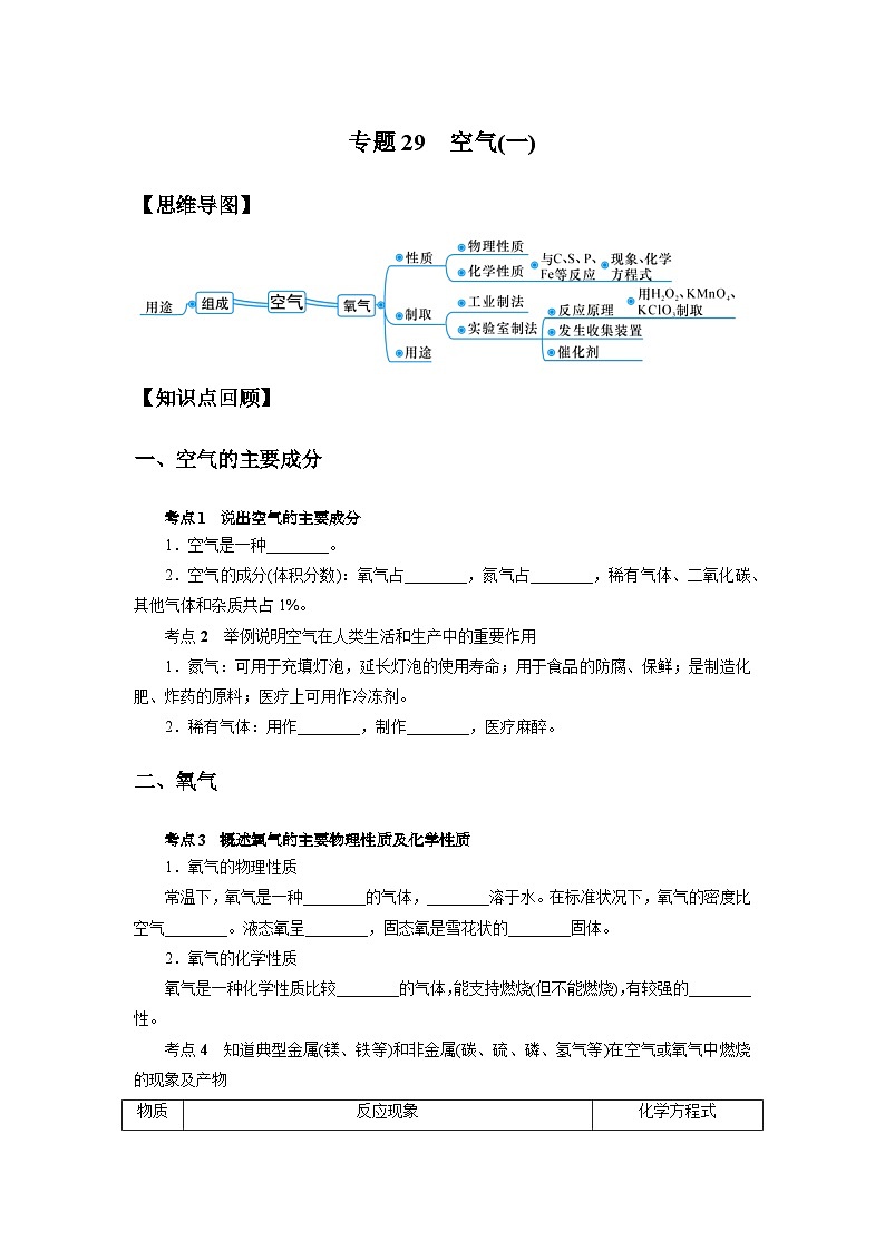中考科学 二轮专题 专题29 空气(一) 学案01