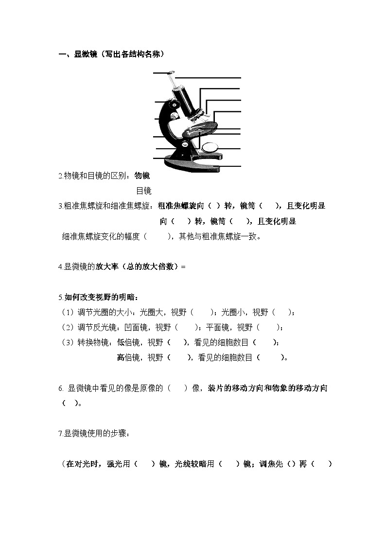 2.2细胞基础知识默写 浙教版七年级上册科学 试卷01