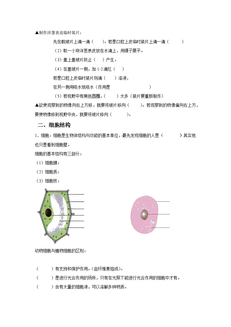 2.2细胞基础知识默写 浙教版七年级上册科学 试卷02