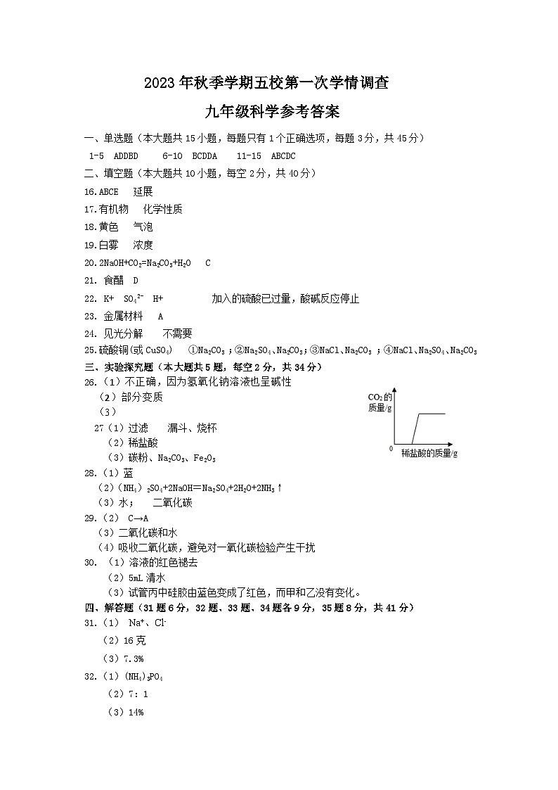 浙江省金华市义乌市五校2023-2024学年上学期第一次学情调查九年级科学试卷（Word版+PDF版，含答案）（月考）01