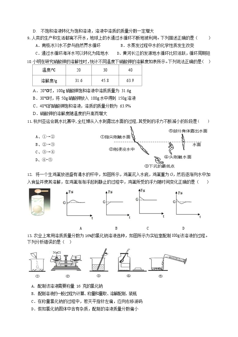 浙江省台州市仙居县白塔中学2023-2024学年八年级上学期10月月考科学试题02