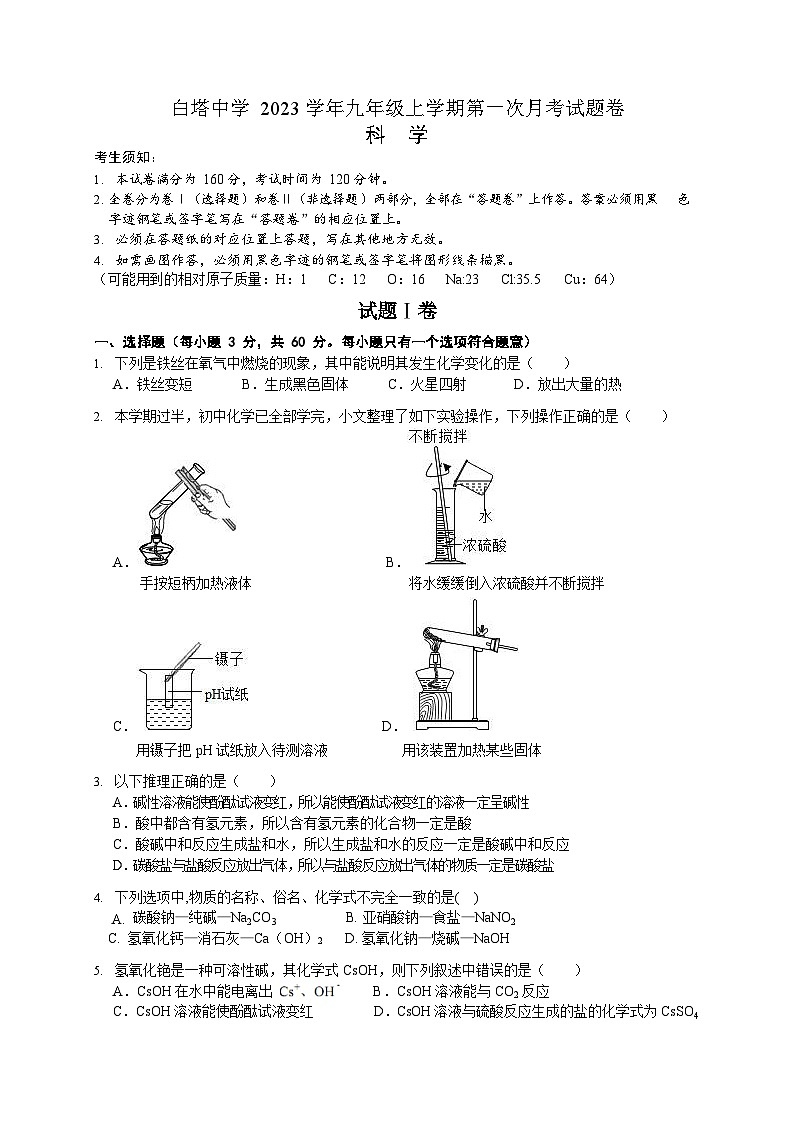 浙江省台州市仙居县白塔中学2023-2024学年九年级上学期10月月考科学试题第1页