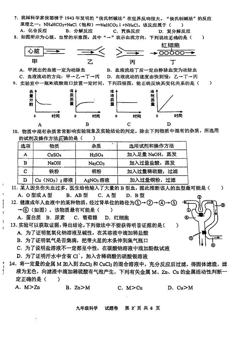 浙江省嘉兴市浙江师范大学附属秀洲实验学校2023-2024学年九年级第一学期月考科学试题第2页