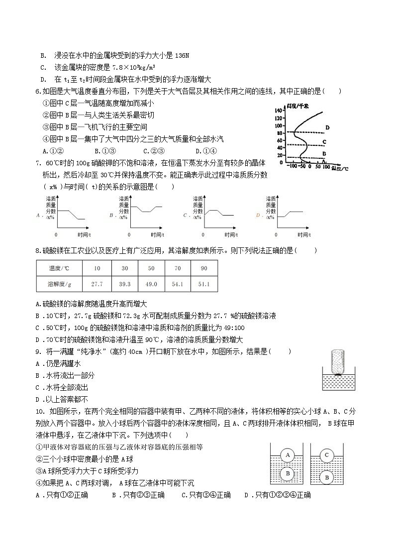 浙江省杭州市拱墅区2023-2024学年八年级上学期期中科学提优卷02