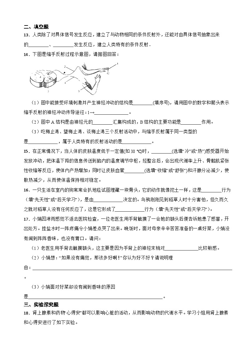 第三章生命活动的调节 章节试题——浙教版八年级上册科学03