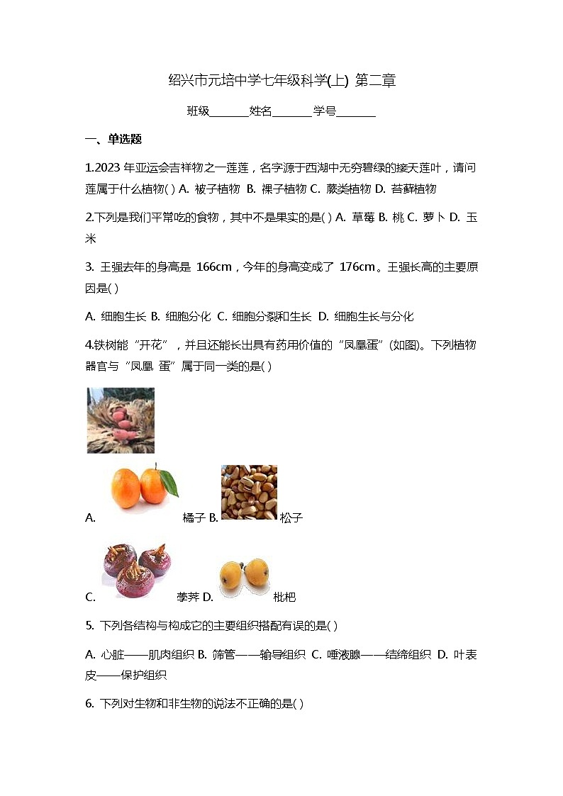 浙江省绍兴市越城区绍兴市元培中学2023-2024学年七年级上学期10月月考科学试题第1页