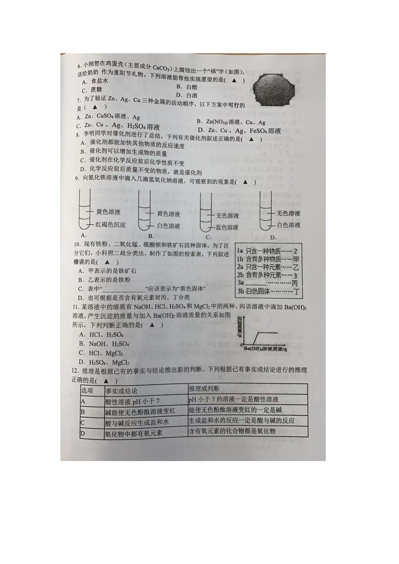 浙江省宁波市江北区五校2023-2024学年九年级上学期期中检测科学试题02