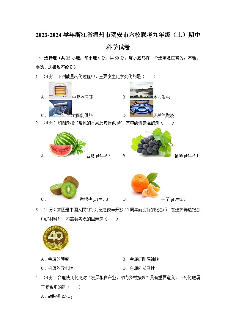 浙江省温州市瑞安市六校联考2023-2024学年九年级上学期期中科学试卷01