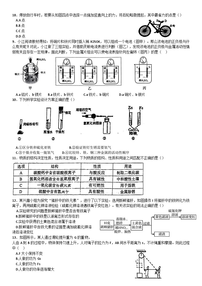 浙江省金华市义乌市绣湖中学2023-2024学年上学期期中教学质量检测九年级科学试卷02