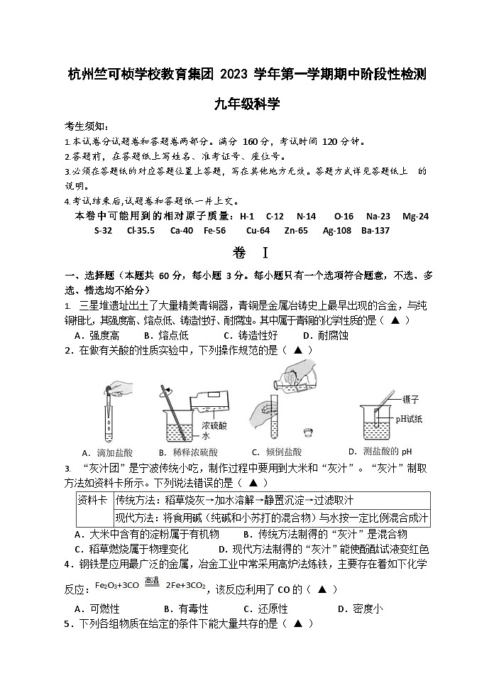 浙江省杭州市竺可桢学校2023-2024学年九年级上学期期中阶段性检测科学试题01