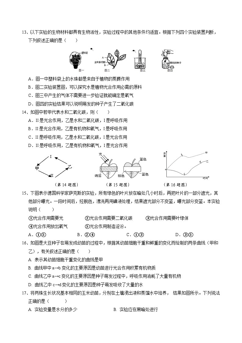 第4章 植物的物质和能量的转化 单元测试卷A   华东师大版科学八年级上册第3页