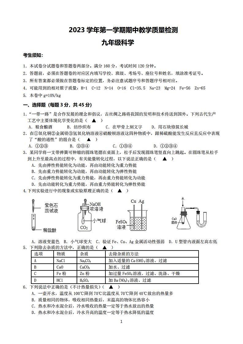 浙江省杭州市闻涛中学2023-2024学年九年级上学期期中科学试题01