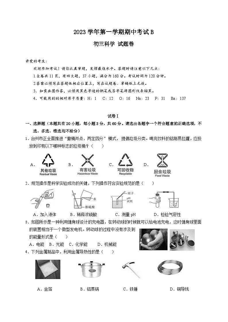 浙江省台州市温岭市第三中学2023-2024学年上学期期中考试九年级科学B卷试卷（含答案）01