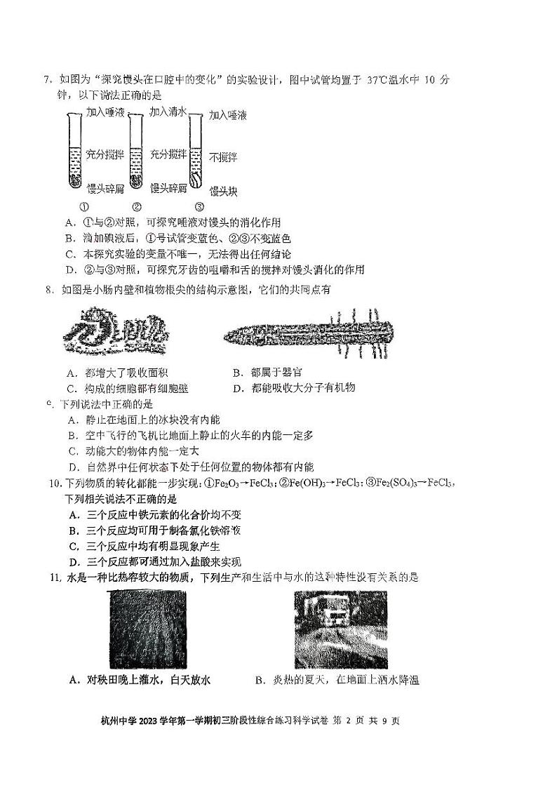 浙江省杭州中学2023年11月上学期九年级期中科学试题（PDF版，无答案）第2页