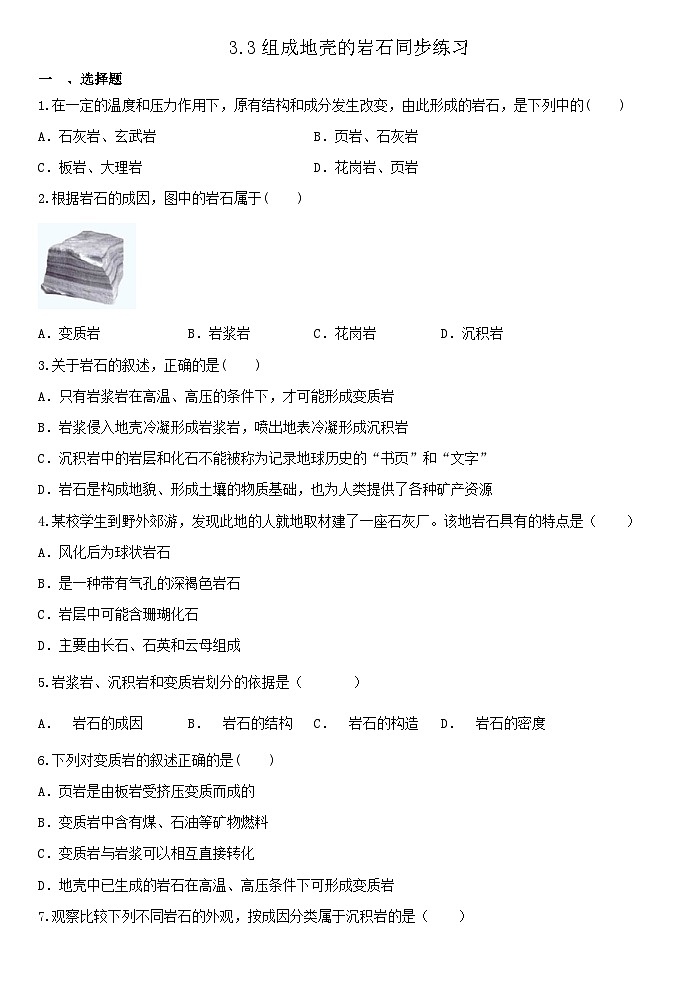 3.3组成地壳的岩石同步练习 浙教版七年级上册科学第1页