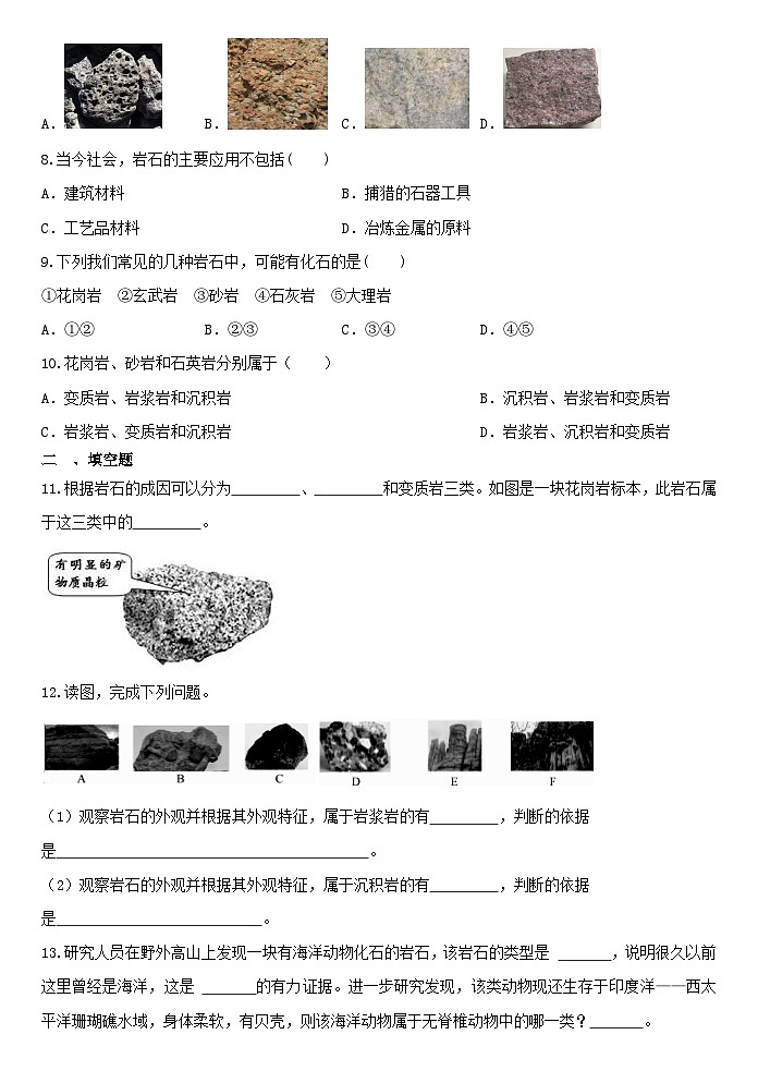 3.3组成地壳的岩石同步练习 浙教版七年级上册科学第2页