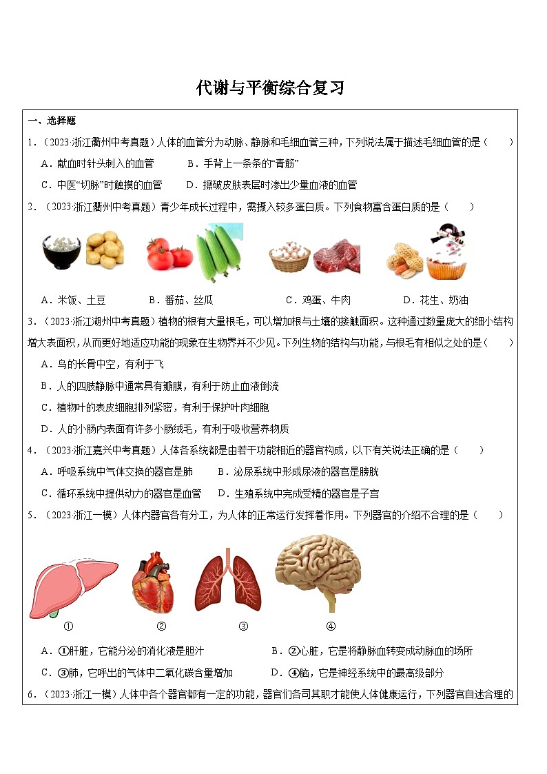 代谢与平衡综合复习卷  浙教版九年级上册科学01