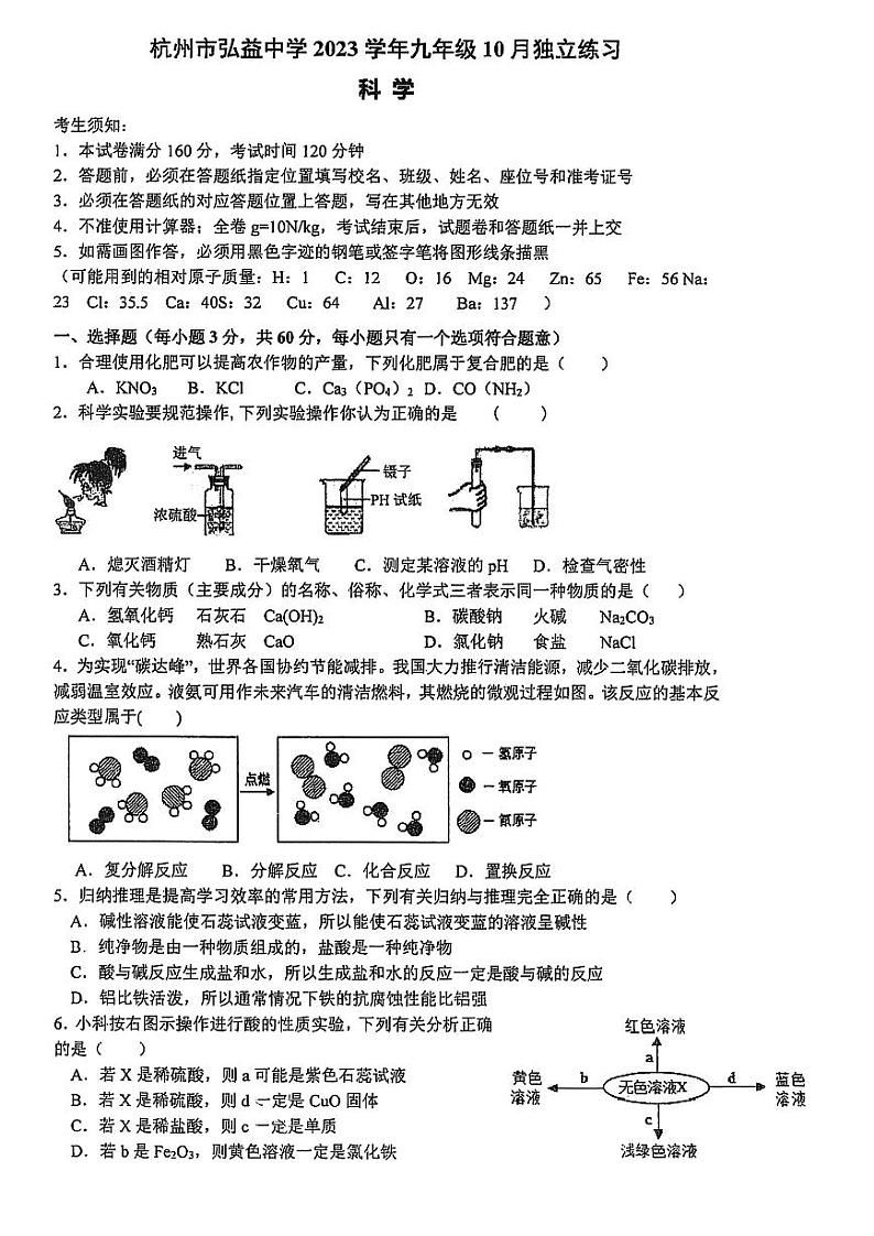 浙江省杭州市弘益中学2023-2024学年九年级上学期10月月考科学试题第1页