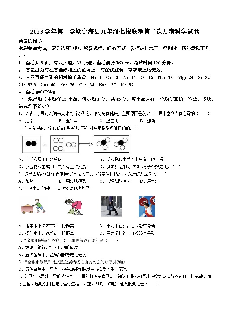 浙江省宁波市宁海县 六校联考2023-2024学年九年级上学期11月月考科学试题01