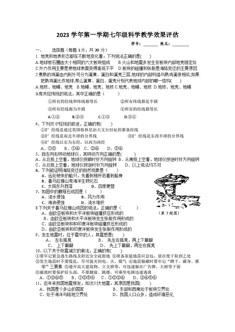 浙江省宁波市鄞州区咸祥镇中心初级中学2023-2024学年七年级上学期12月效果评测科学试题01