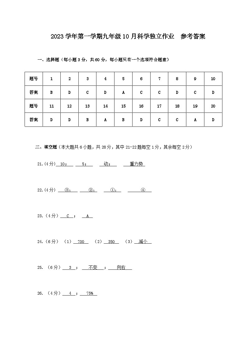 2023学年第一学期九年级10月独立作业  科学 答案(终稿） 第1页