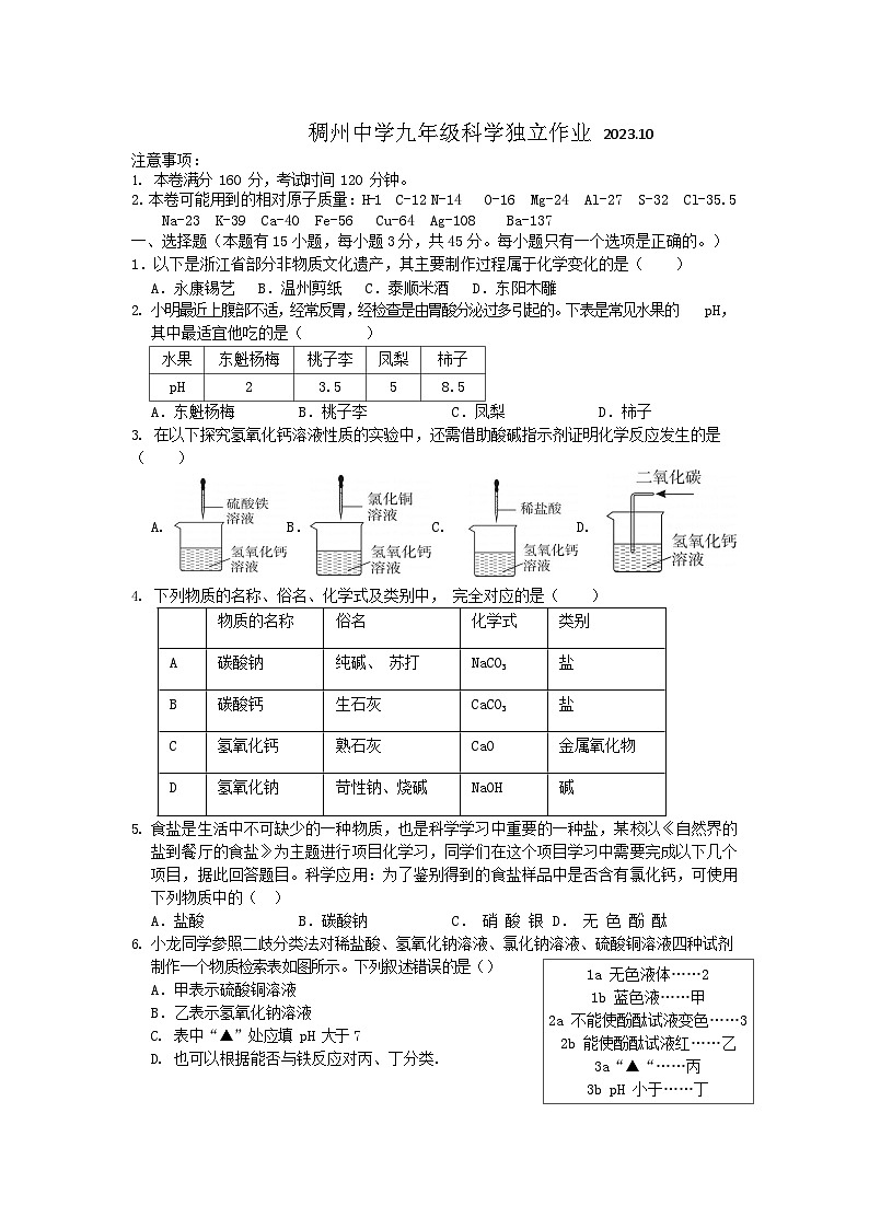 浙江省义乌市稠州中学九年级2023-2024学年上学期10月份独立作业科学试题01