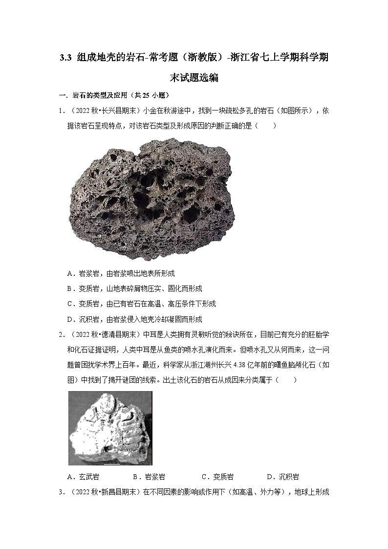 3.3 组成地壳的岩石-常考题（浙教版）-浙江省七上学期科学期末试题选编01