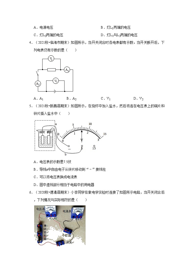 浙江省八年级上学期科学期末试题汇编-4.5电压的测量（浙教版）02