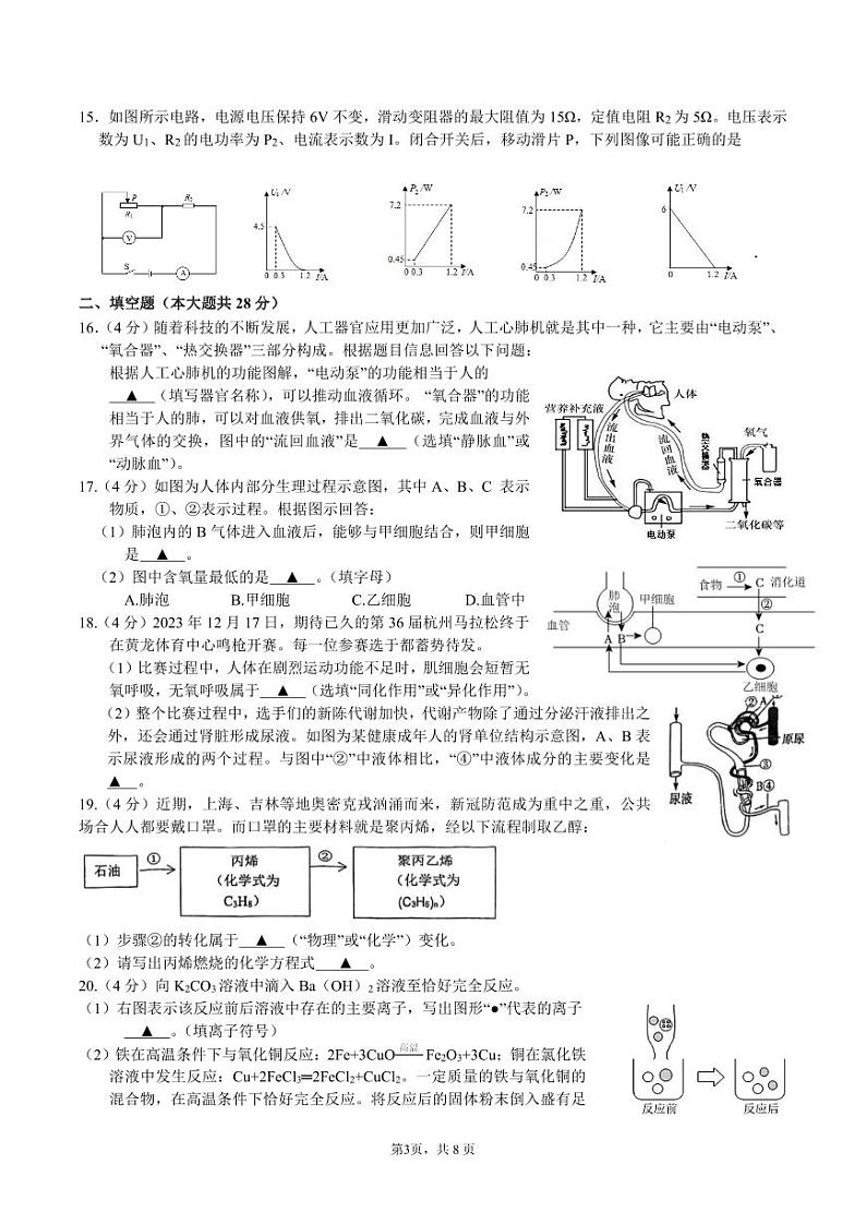 浙江省杭州市第十五中学2023-2024学年九年级上学期12月检测科学试题卷第3页