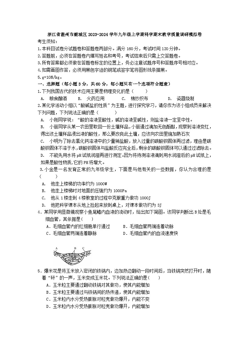 浙江省温州市鹿城区2023-2024学年九年级上学期科学期末教学质量调研模拟卷01