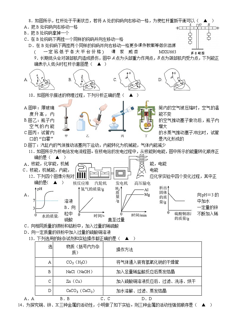 浙江省杭州市保俶塔实验学校2023-2024学年上学期12月九年级科学月考卷02