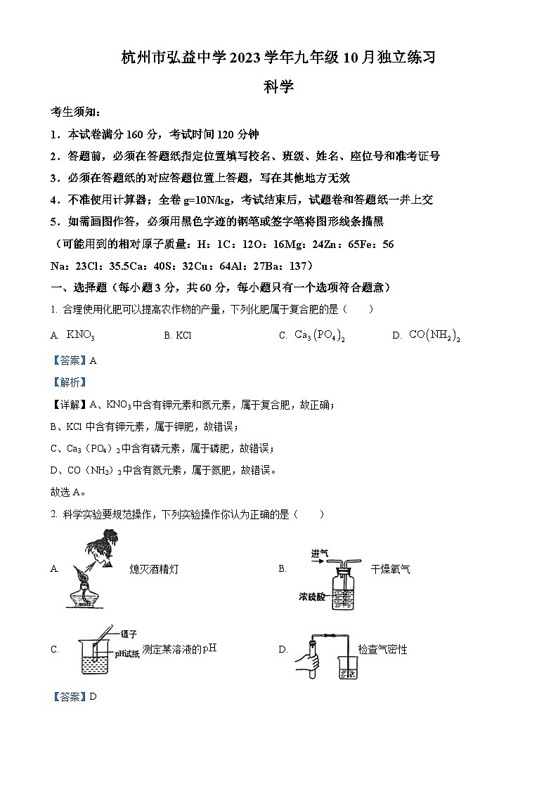 浙江省杭州市弘益中学2023-2024学年九年级上学期10月月考科学试题（解析版）第1页