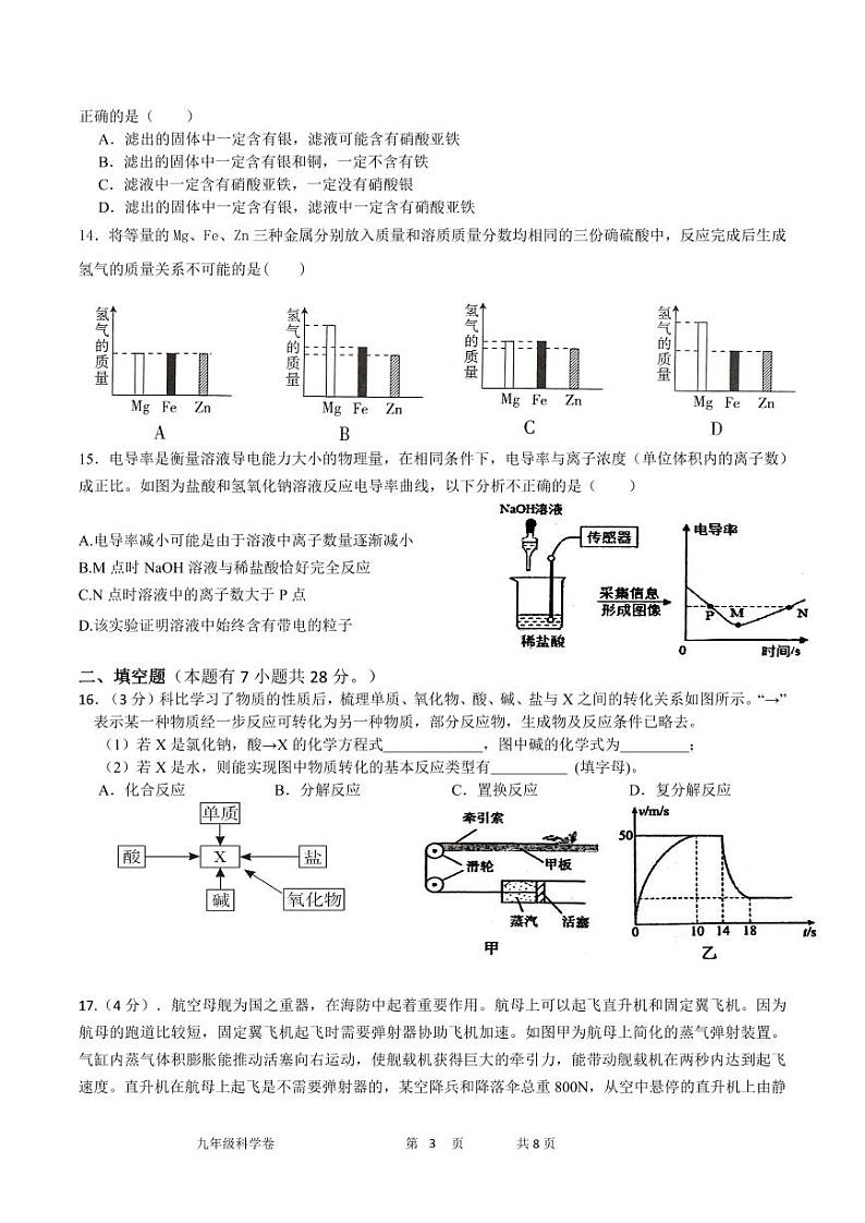 浙江省杭州市萧山城区六校2023-2024学年九年级上学期12月独立作业科学试题第3页